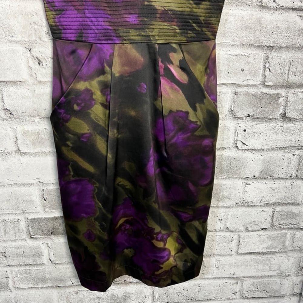 Vintage 90s Black Purple Floral 100% Silk Corset Cocktail Bodycon Party Dress - Picture 4 of 12